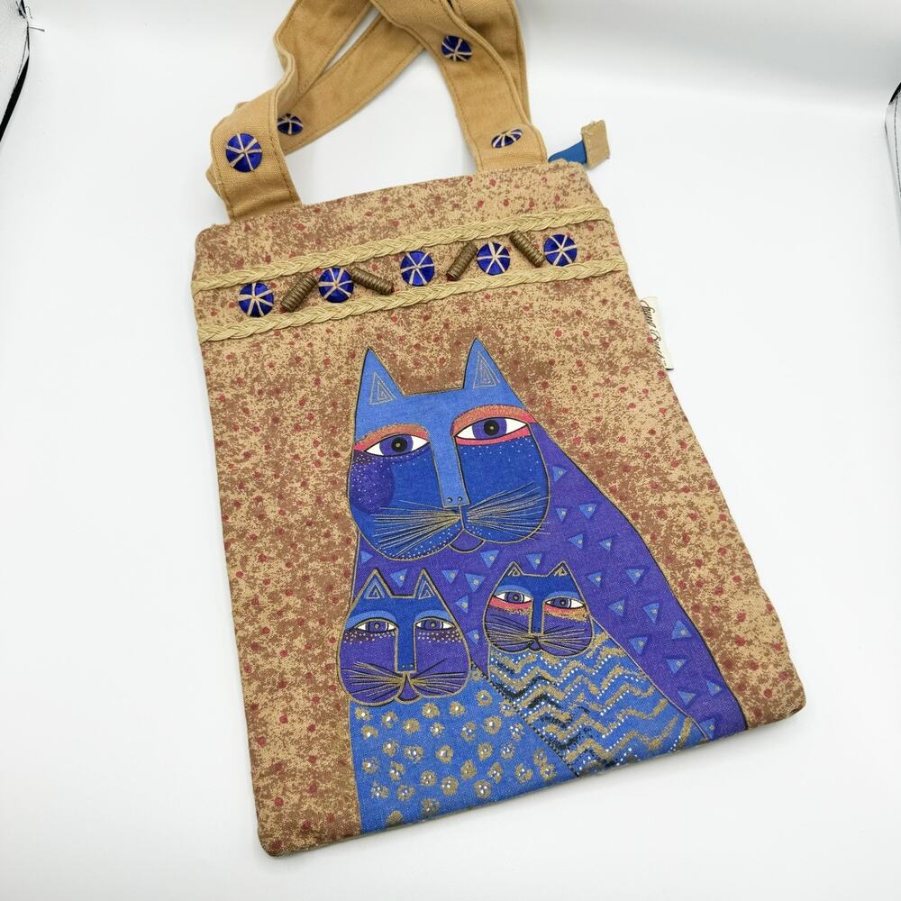 Laurel Burch CATS Canvas Tote Bag Purse Beige Blue Cat Kittens